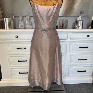 After Six Taupe Satin Midi Dress with Decorative Belt